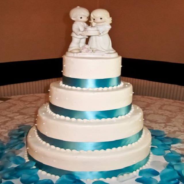 White Cake with Blue Green Ribbon #wedding