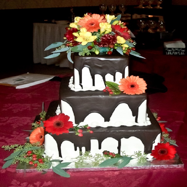 Brown and White Cake with Flowers #wedding