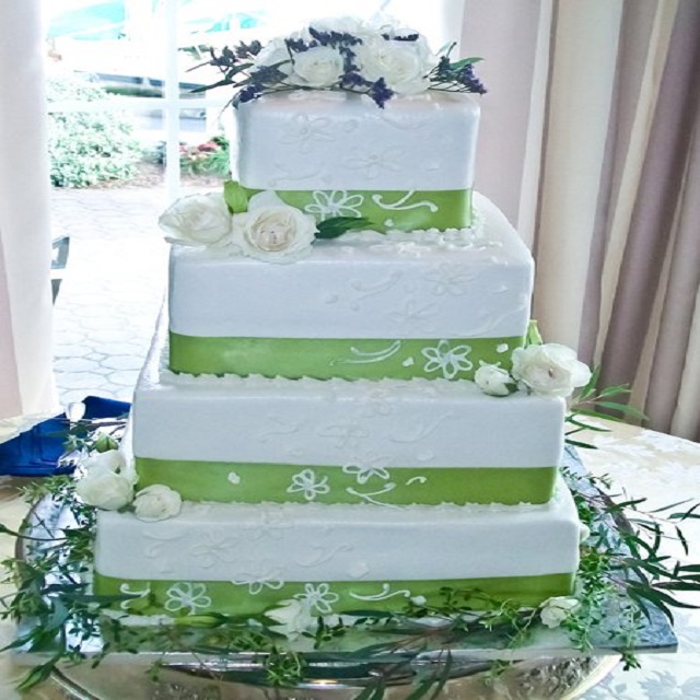 White Cake with Green Ribbon and White Flowers #wedding
