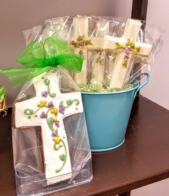The reason for the season #eastercookies. Stop in for cross cookies and chocolates .