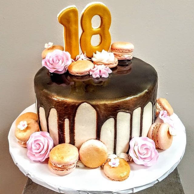 #celebrate18 love this elegant macaron and chocolate drip cake we created for a special birthday